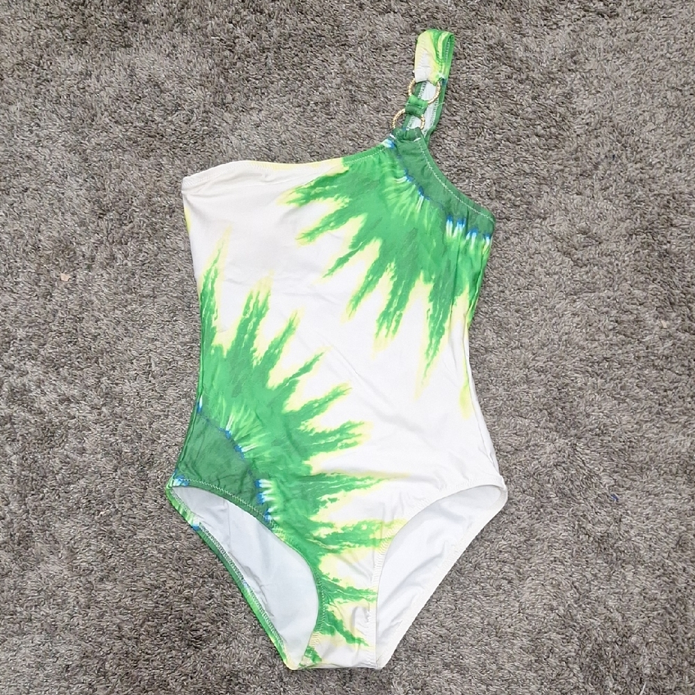 Trina Turk Green White Indio Tie Dye One-Shoulder Swimsuit-4